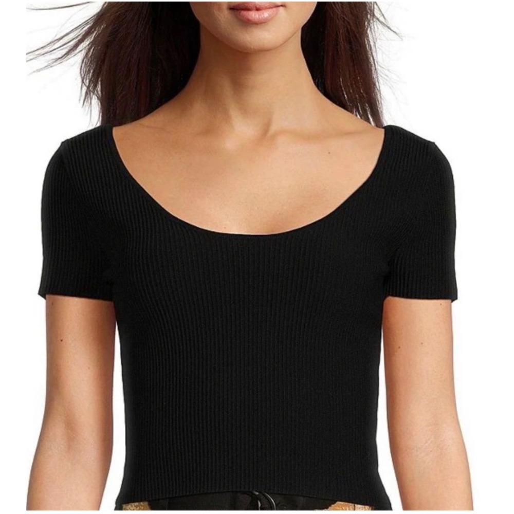 Le AL.X Black Ribbed Knit Scoop Neck Short Sleeve Top‎ Size Small